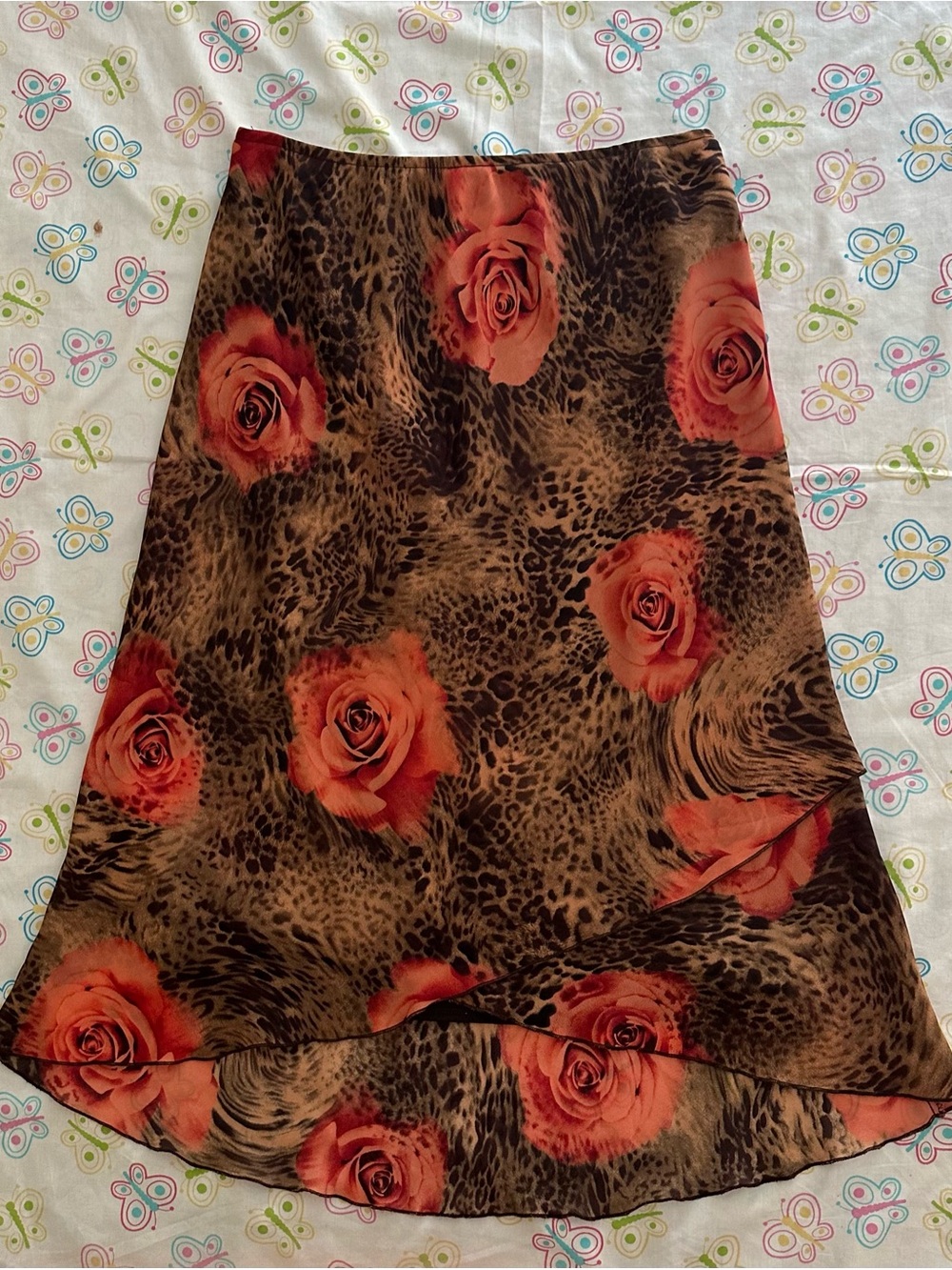 Vintage AGB Byer California Leopard Print & Pink Rose Ruffle Skirt